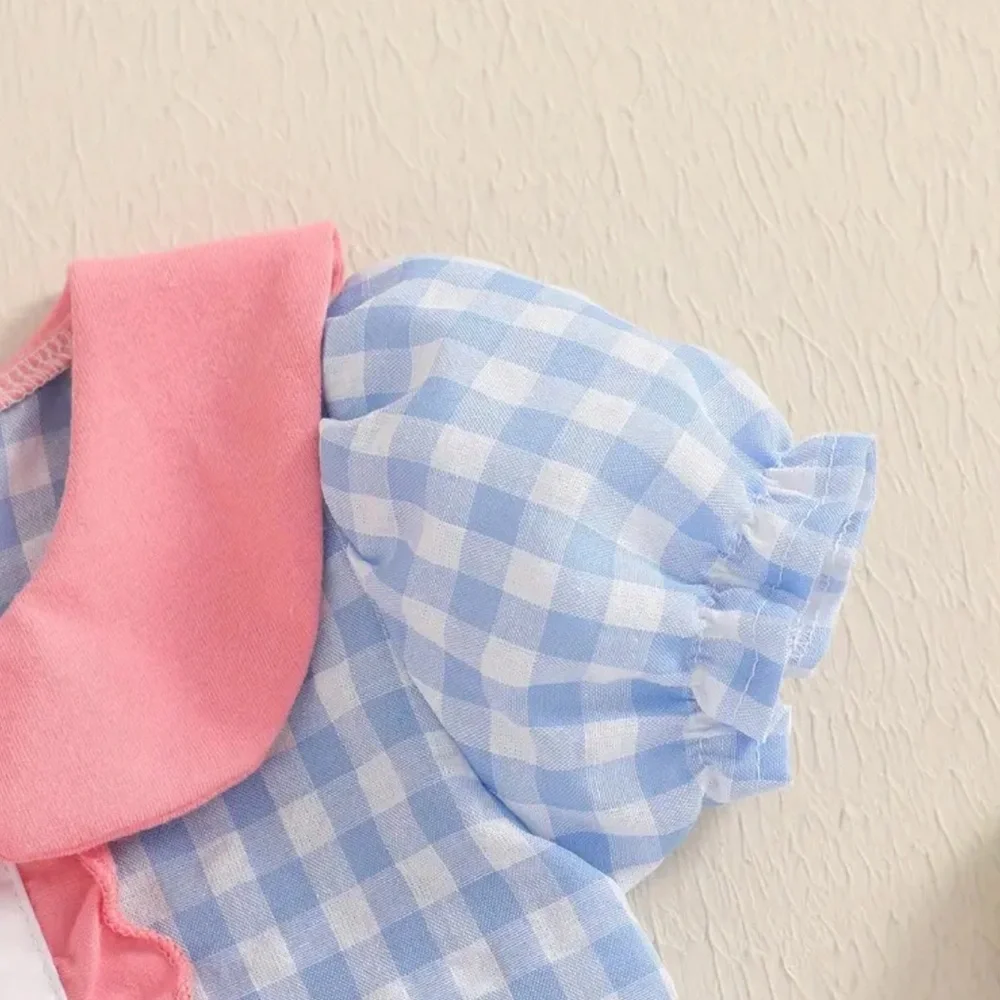 Princess Castle Disney Design Pink & Blue Gingham 6-12 Months Peter Pan Collar